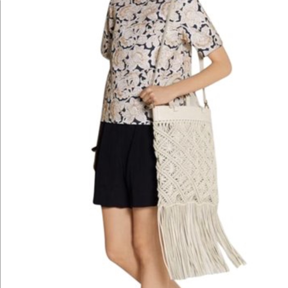 Tory Burch White Leather Macrame Fringe Crossbody
